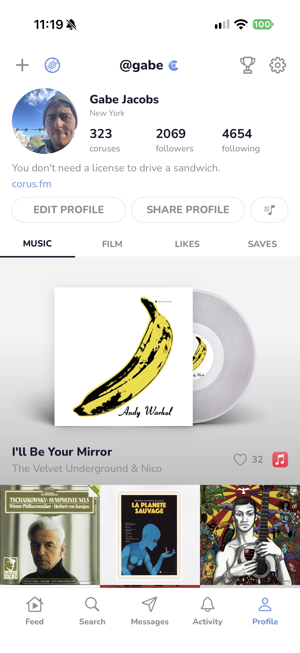 Corus profile showing a shared song and a collection of music
